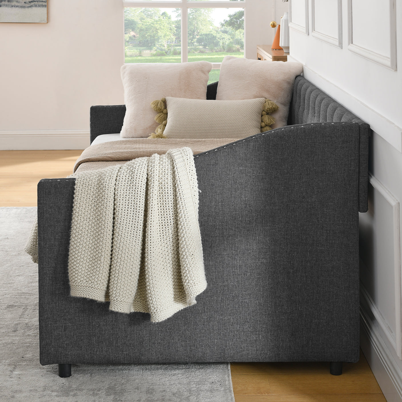 Modern Linen Upholstered Daybed with Double Drawers