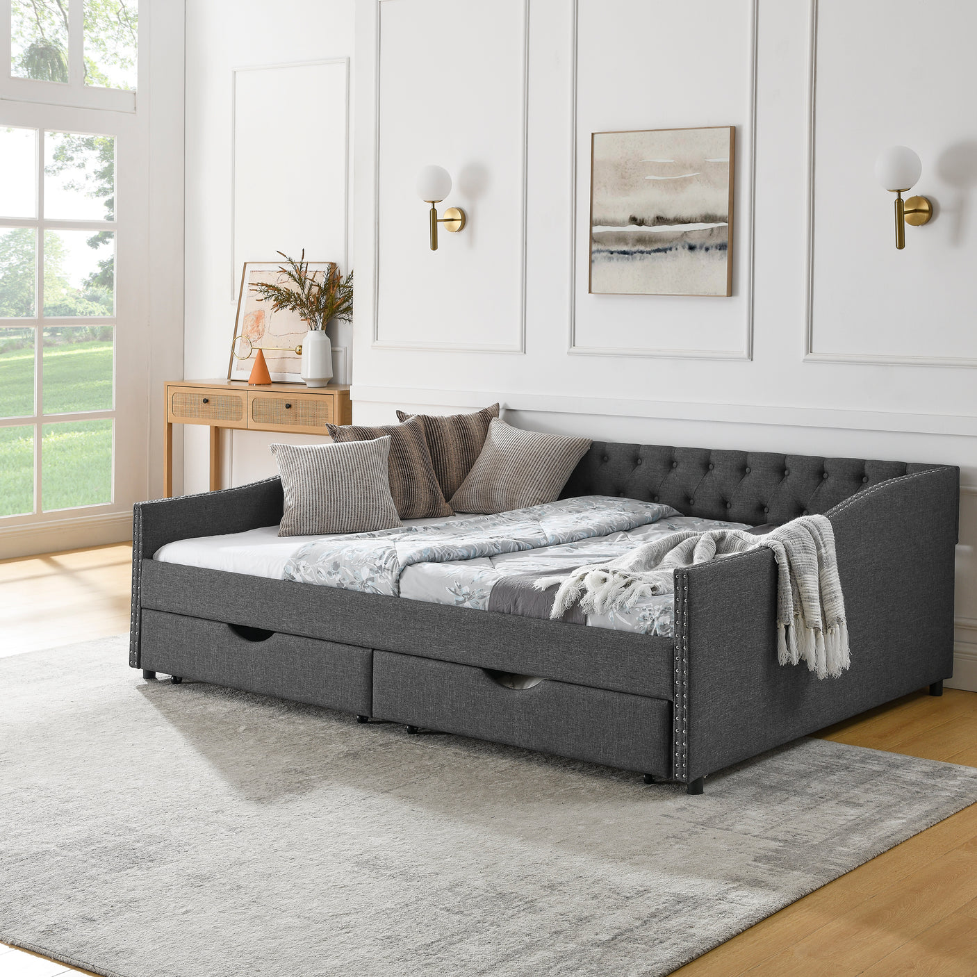 Modern Linen Upholstered Daybed with Double Drawers