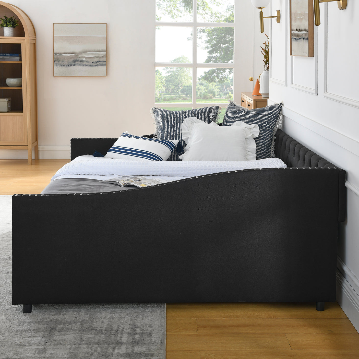 Modern Linen Upholstered Daybed with Double Drawers