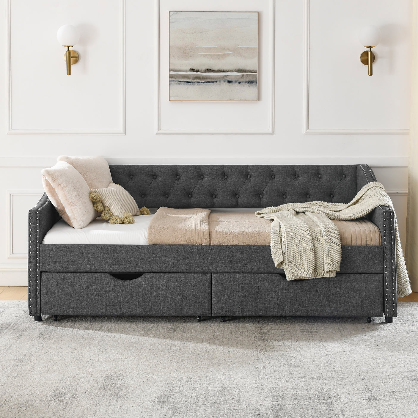 Modern Linen Upholstered Daybed with Double Drawers