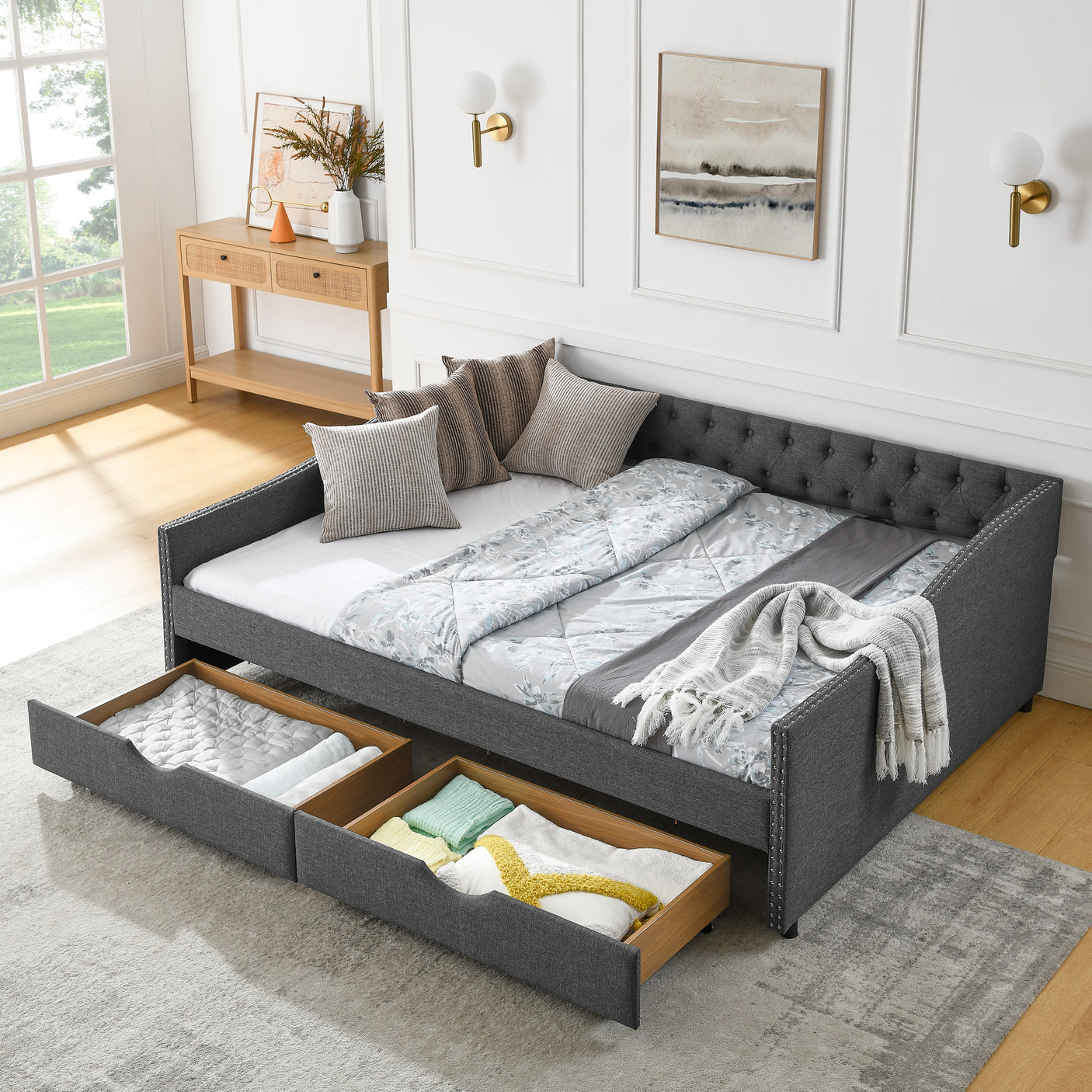 Modern Linen Upholstered Daybed with Double Drawers