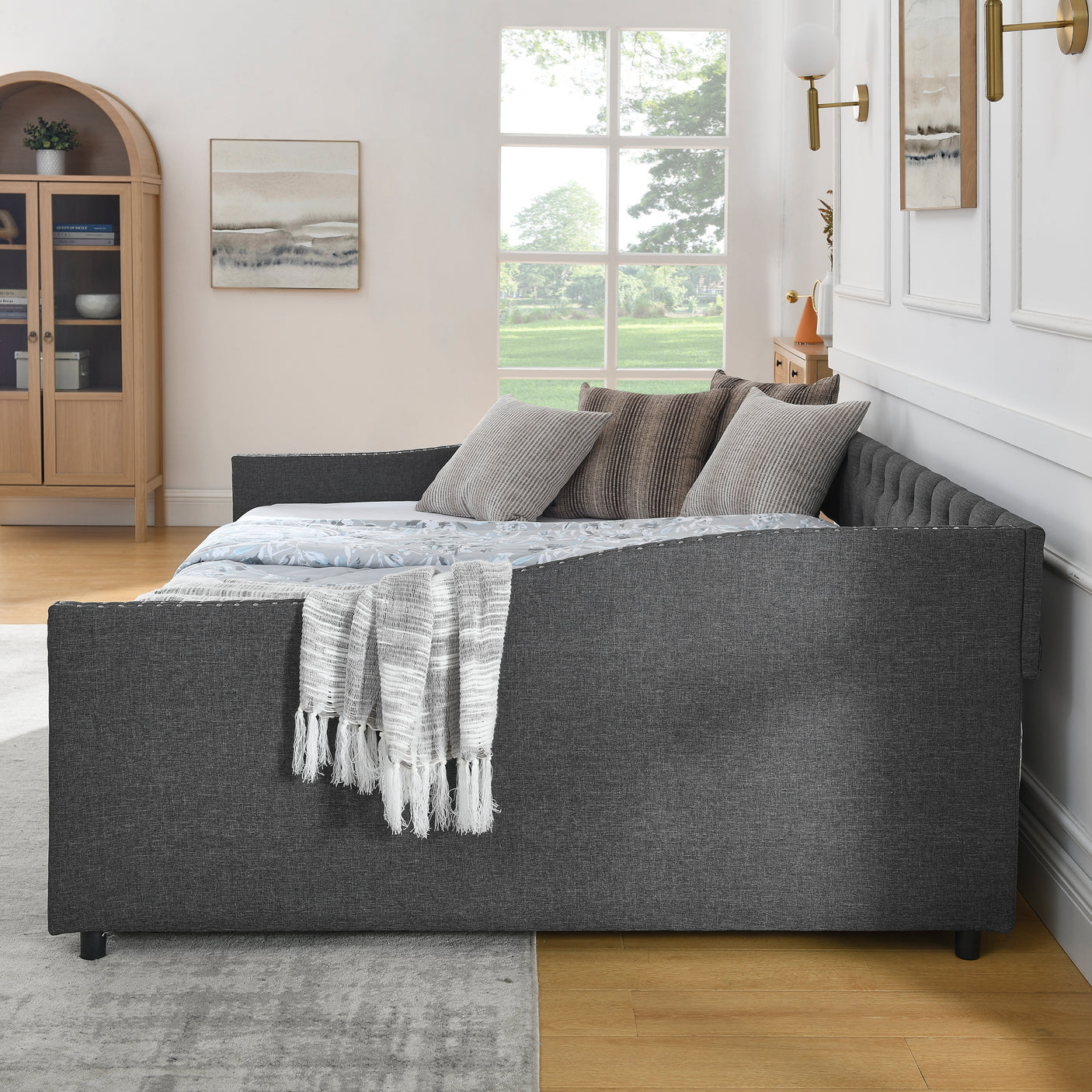 Modern Linen Upholstered Daybed with Double Drawers