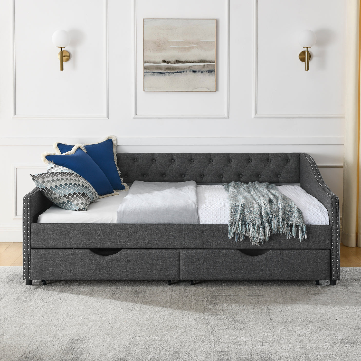 Modern Linen Upholstered Daybed with Double Drawers