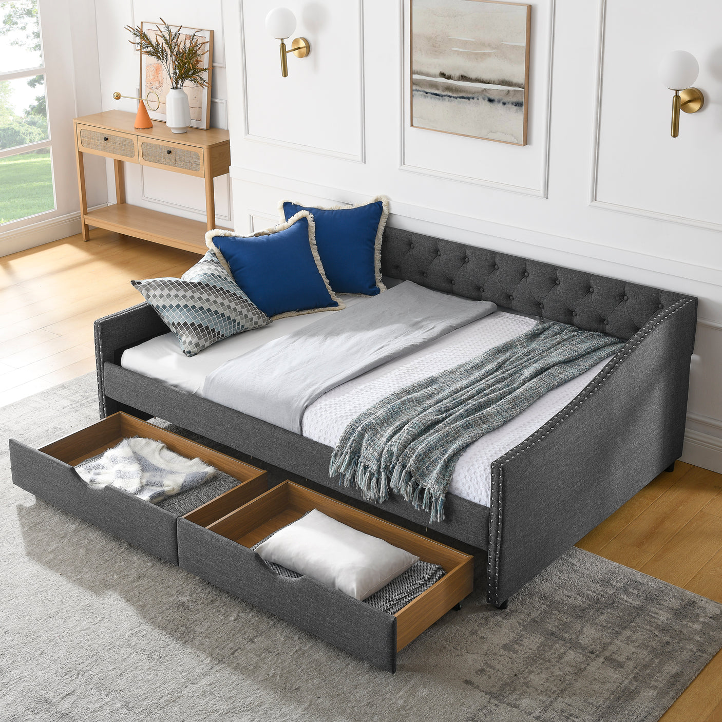 Modern Linen Upholstered Daybed with Double Drawers