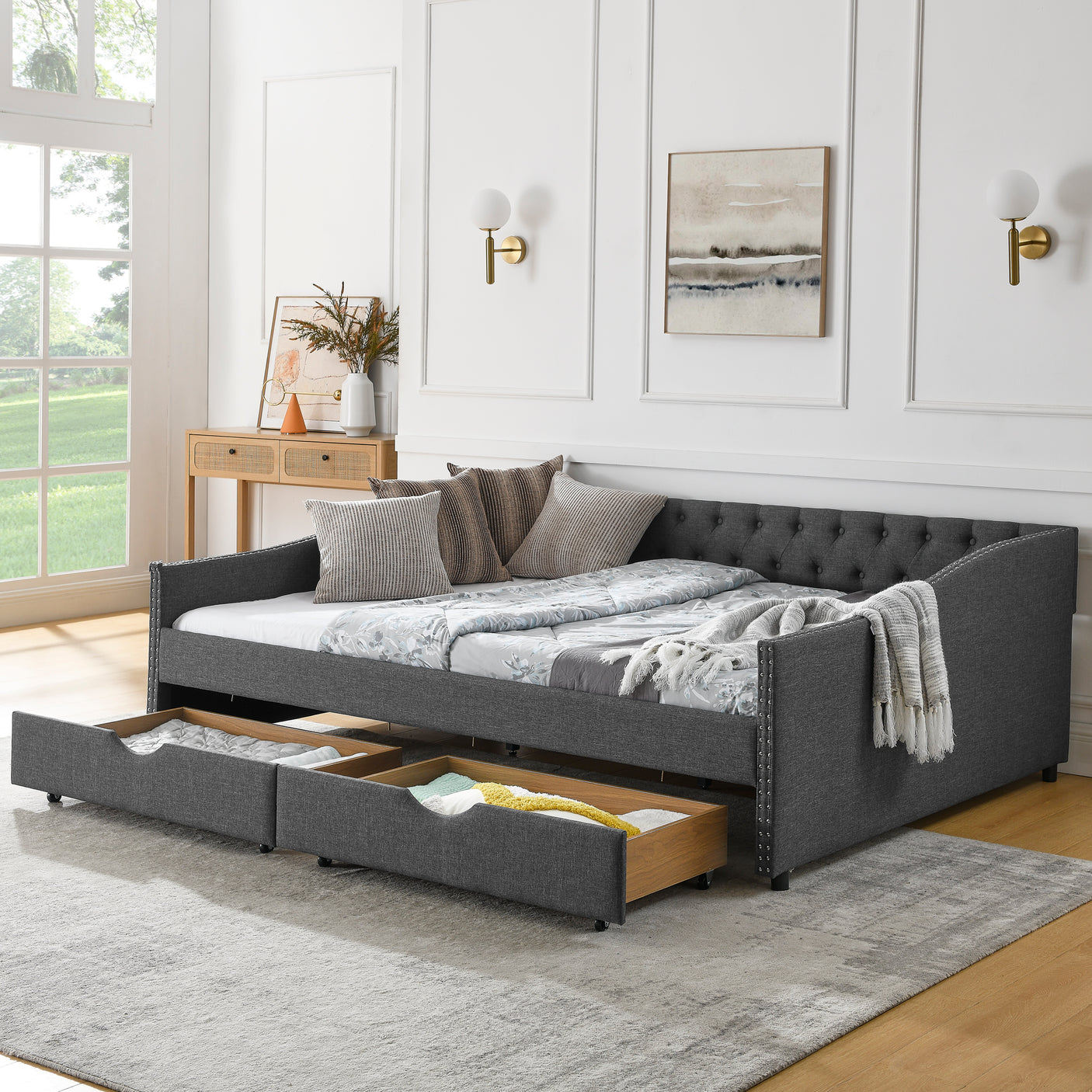 Modern Linen Upholstered Daybed with Double Drawers