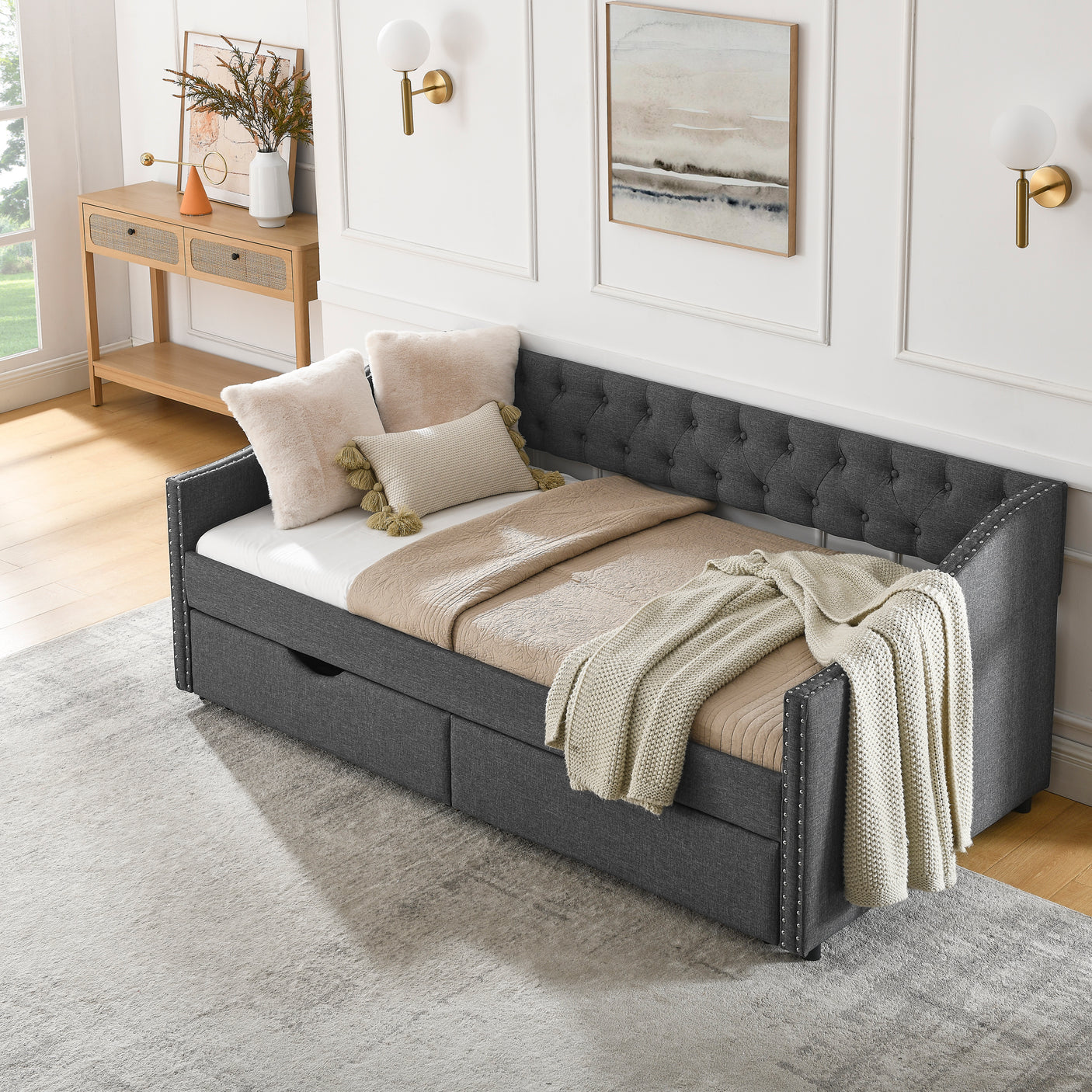 Modern Linen Upholstered Daybed with Double Drawers