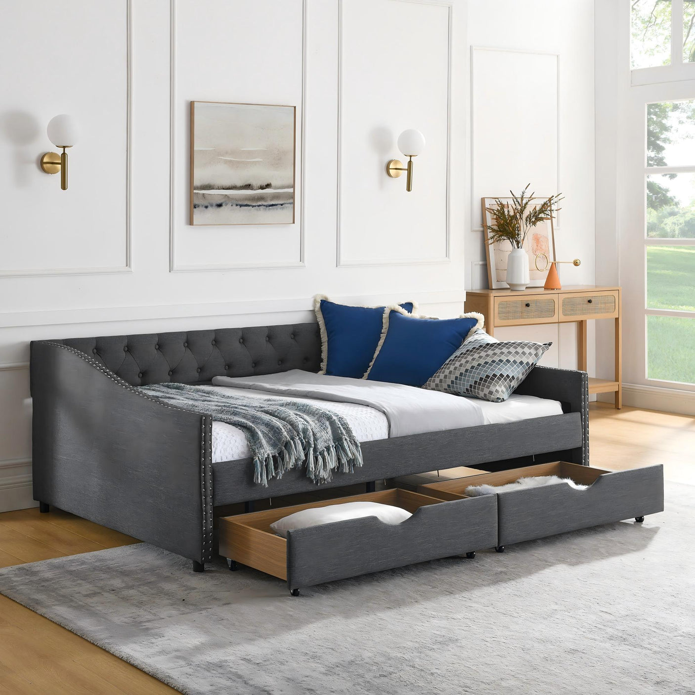 Modern Linen Upholstered Daybed with Double Drawers