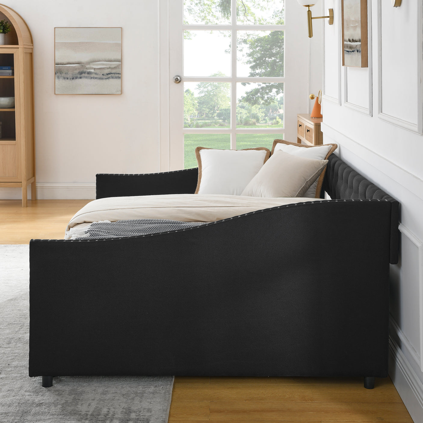 Modern Linen Upholstered Daybed with Double Drawers