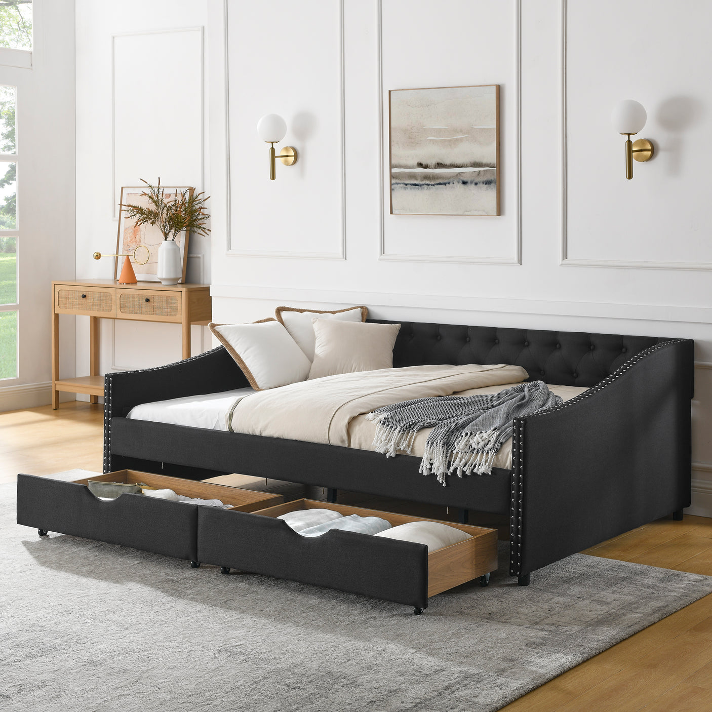 Modern Linen Upholstered Daybed with Double Drawers