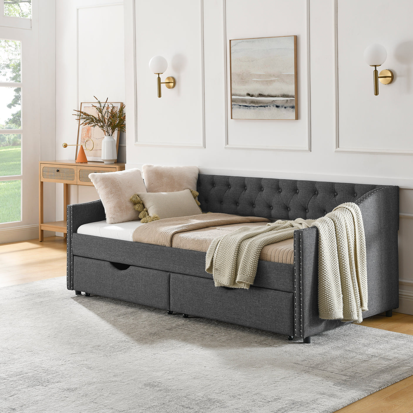 Modern Linen Upholstered Daybed with Double Drawers