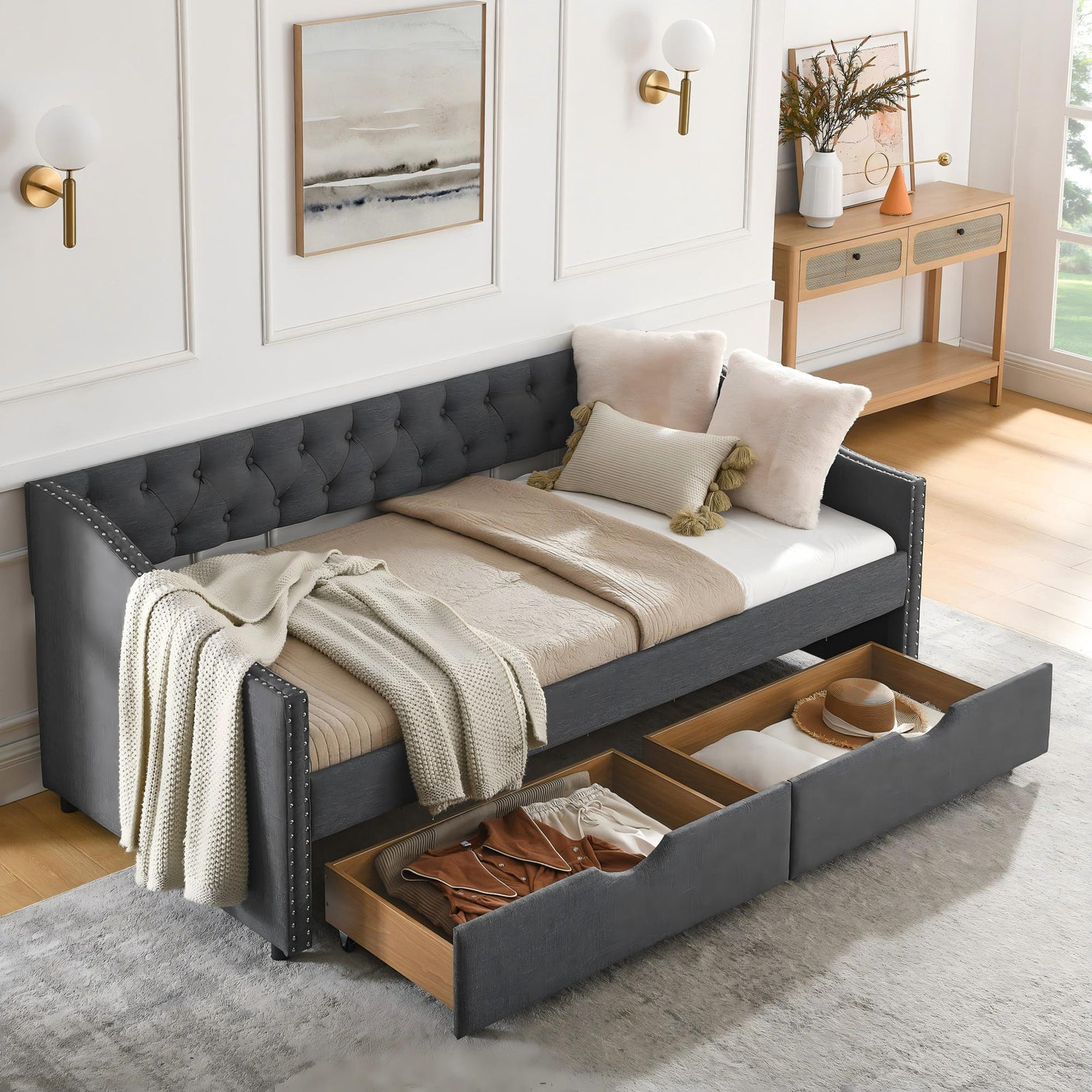 Modern Linen Upholstered Daybed with Double Drawers