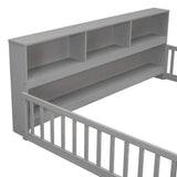 Wood Bed Frame with Bookcase & Shelves
