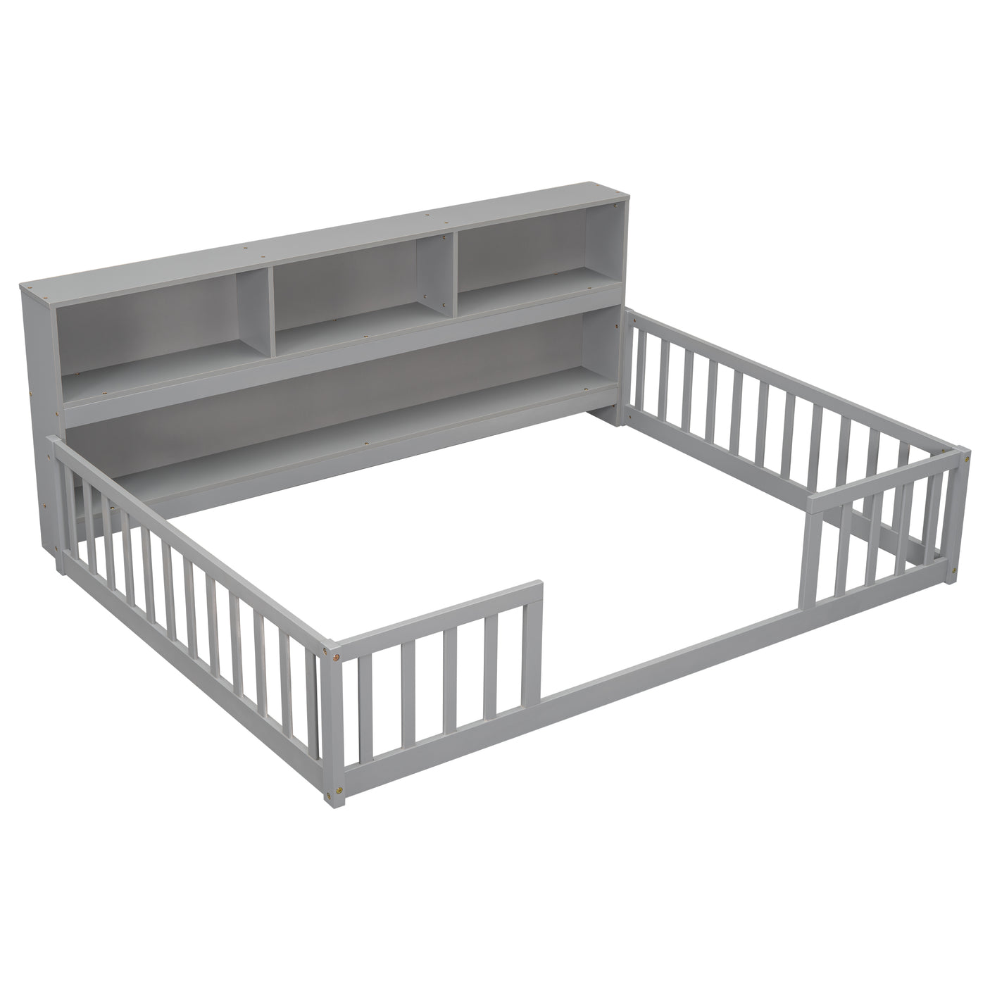 Wood Bed Frame with Bookcase & Shelves