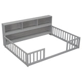 Wood Bed Frame with Bookcase & Shelves
