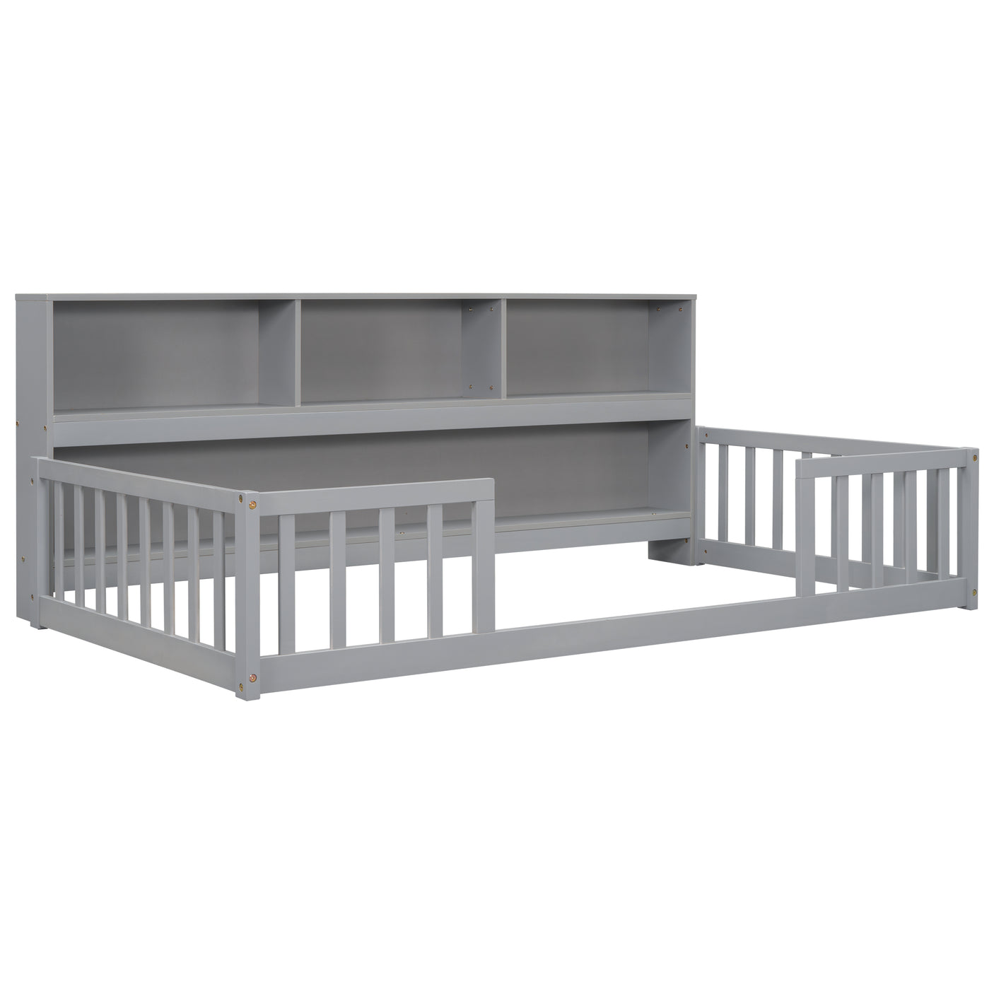 Wood Bed Frame with Bookcase & Shelves