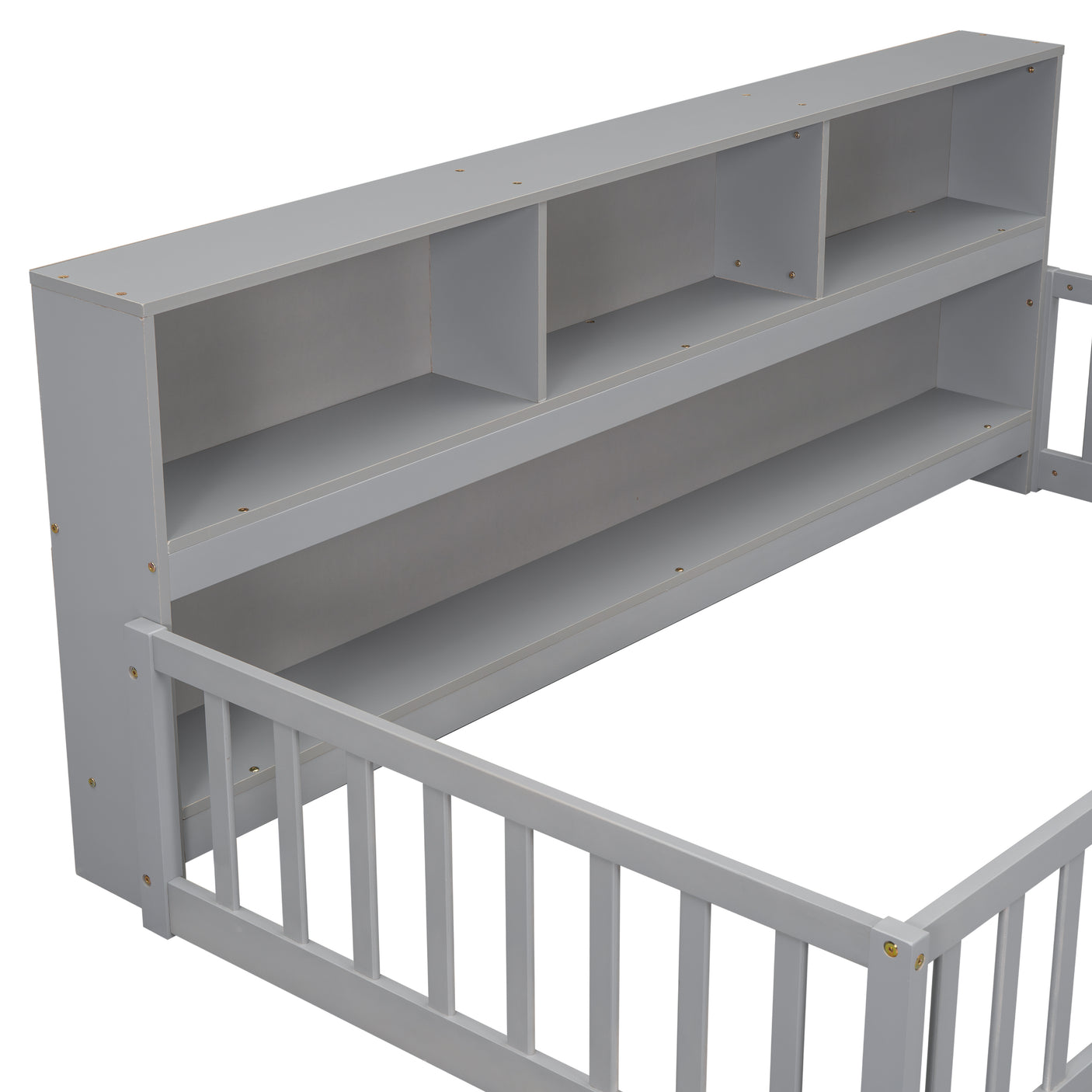 Wood Bed Frame with Bookcase & Shelves