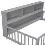 Wood Bed Frame with Bookcase & Shelves