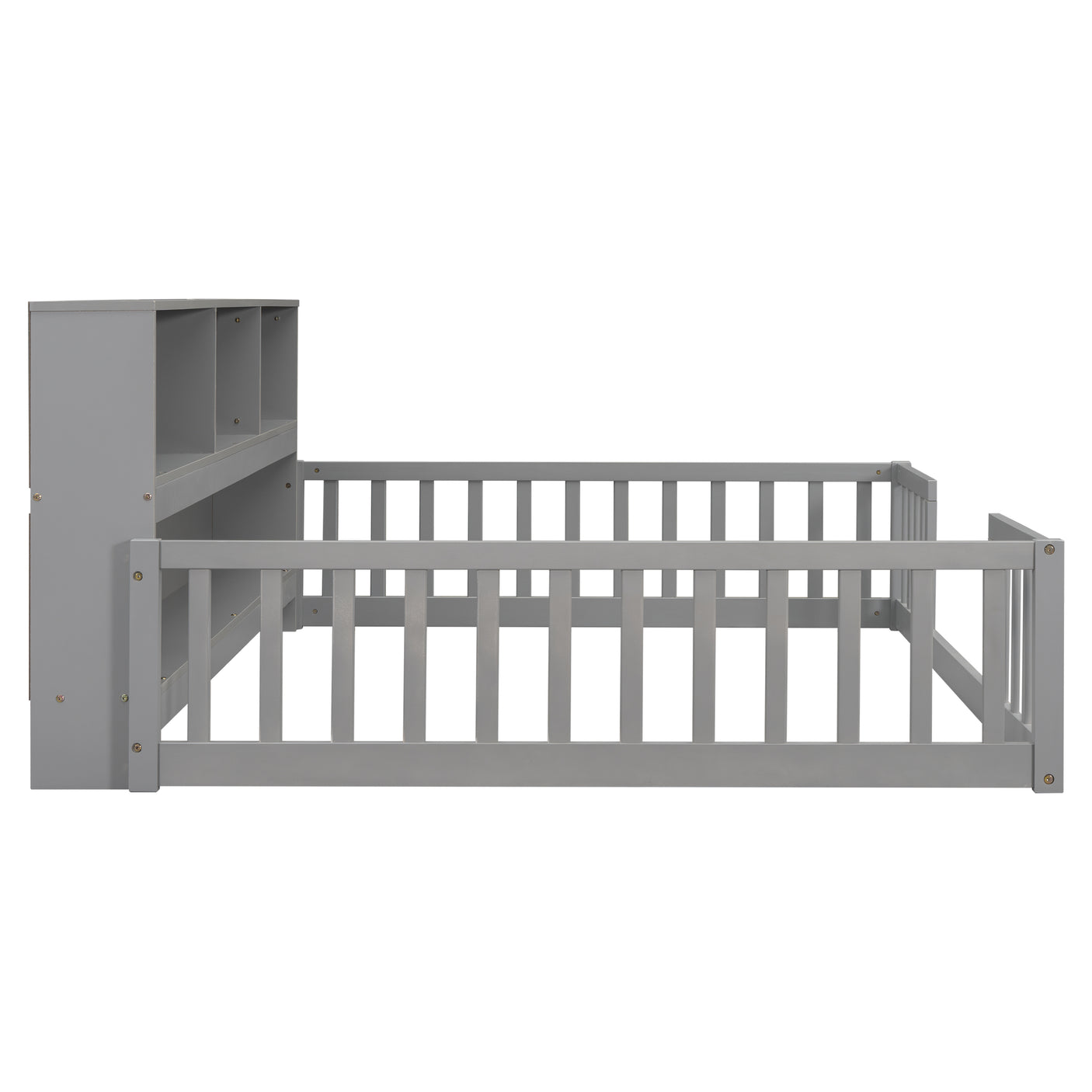 Wood Bed Frame with Bookcase & Shelves