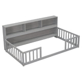 Wood Bed Frame with Bookcase & Shelves