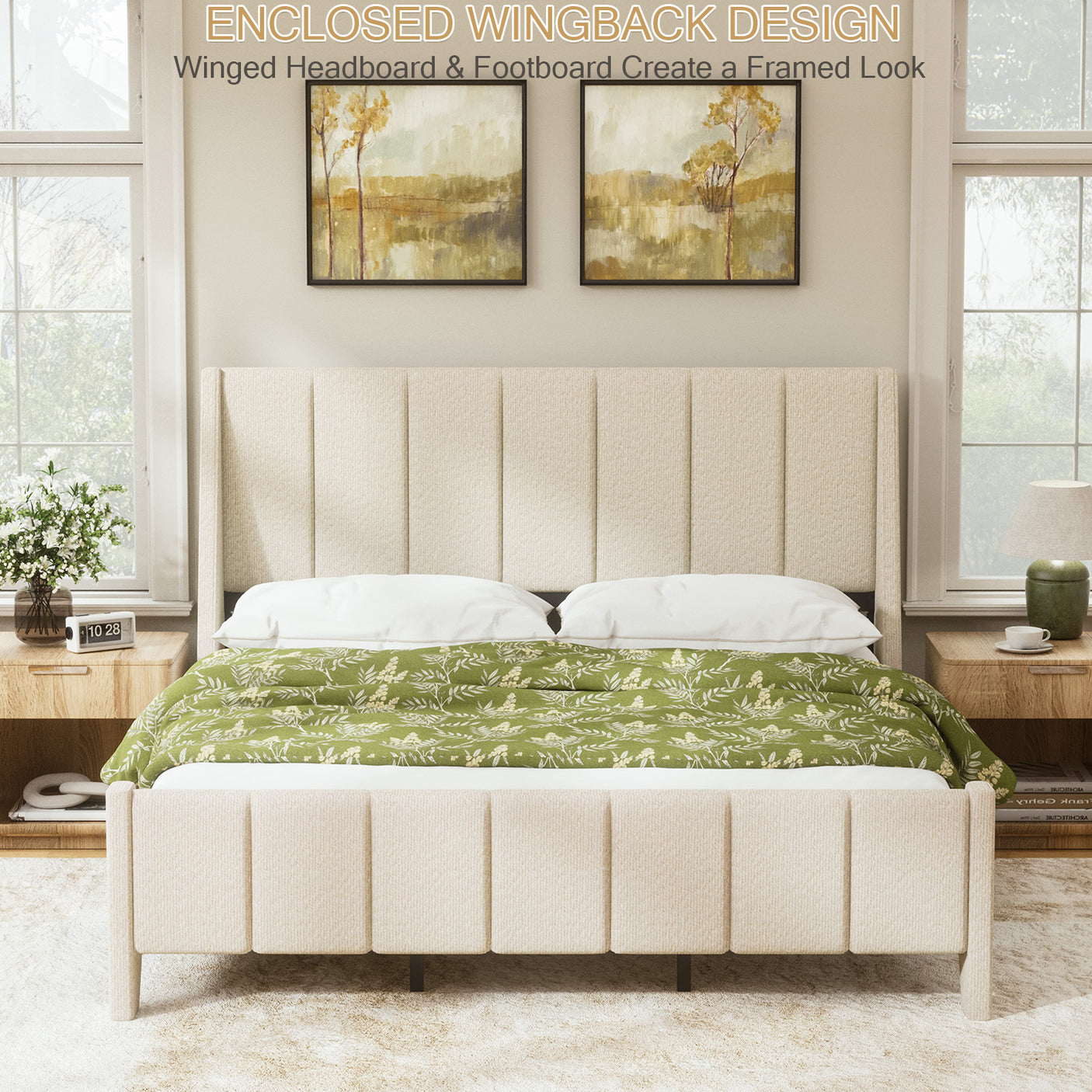 Yechen Boucle Upholstered Bed Frame Wingback Bed with Enclosed Design