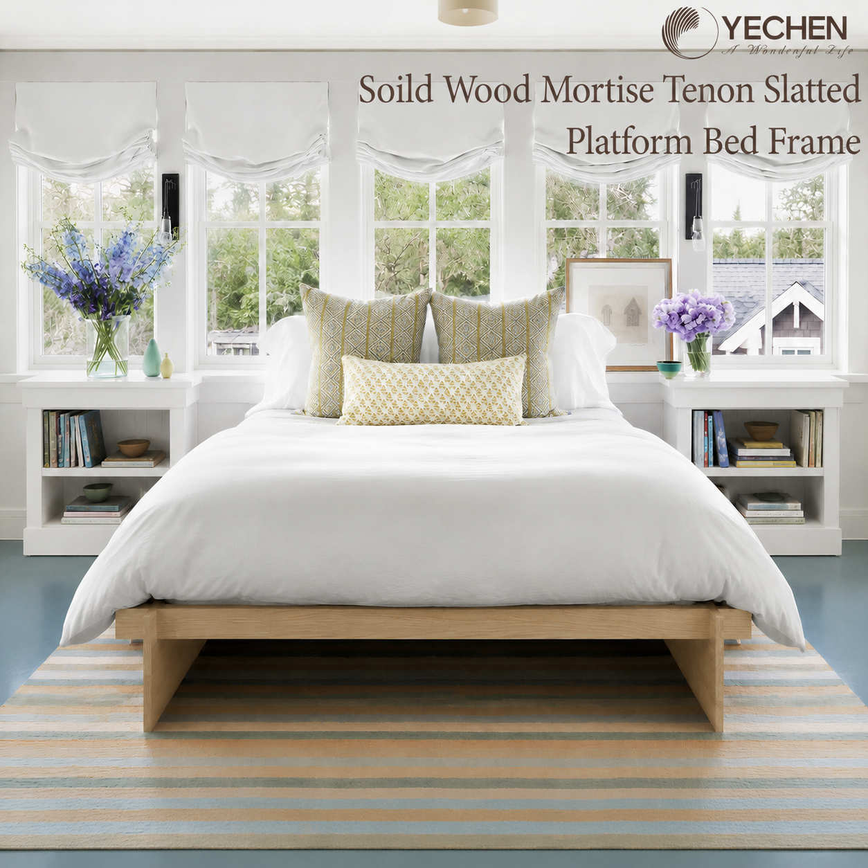 Yechen Solid Oak Platform Bed Frame | Dovetail & Mortise Tenon Joinery, Wooden Slats, No Box Spring Needed