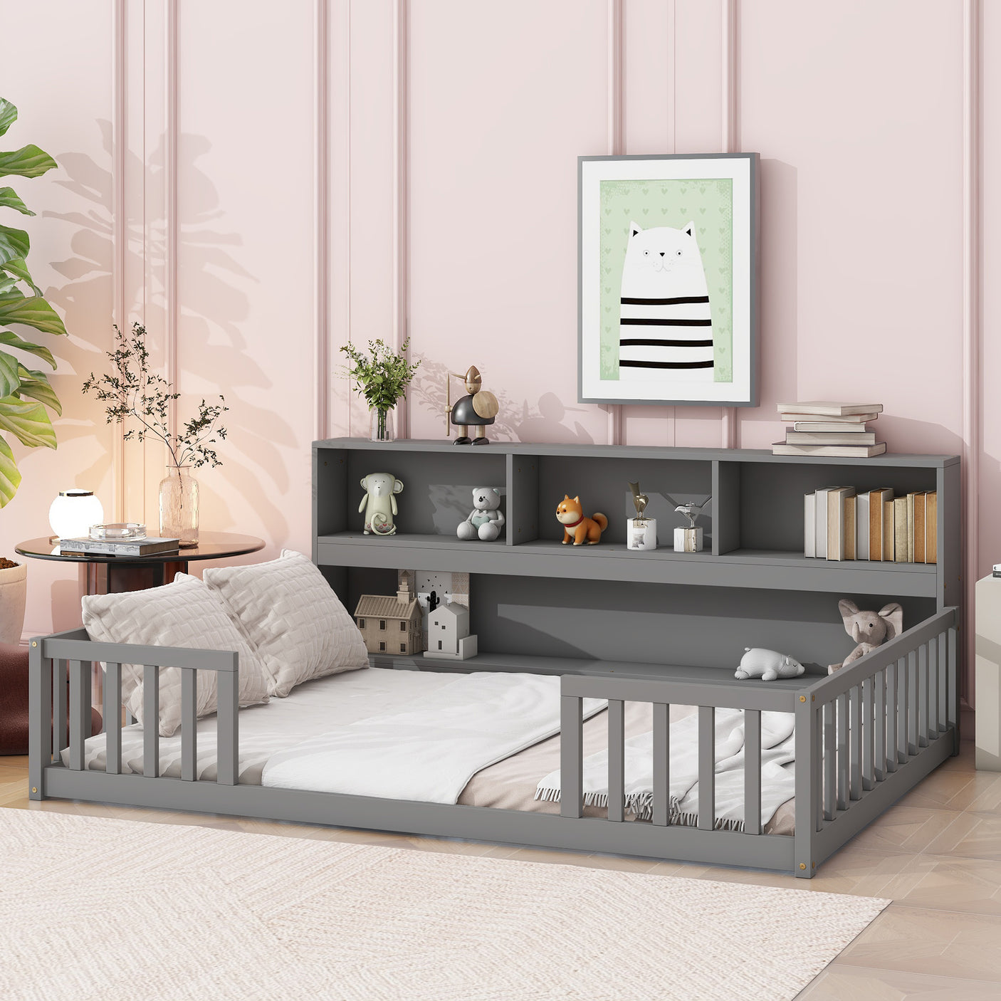 Wood Bed Frame with Bookcase & Shelves