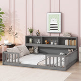Wood Bed Frame with Bookcase & Shelves