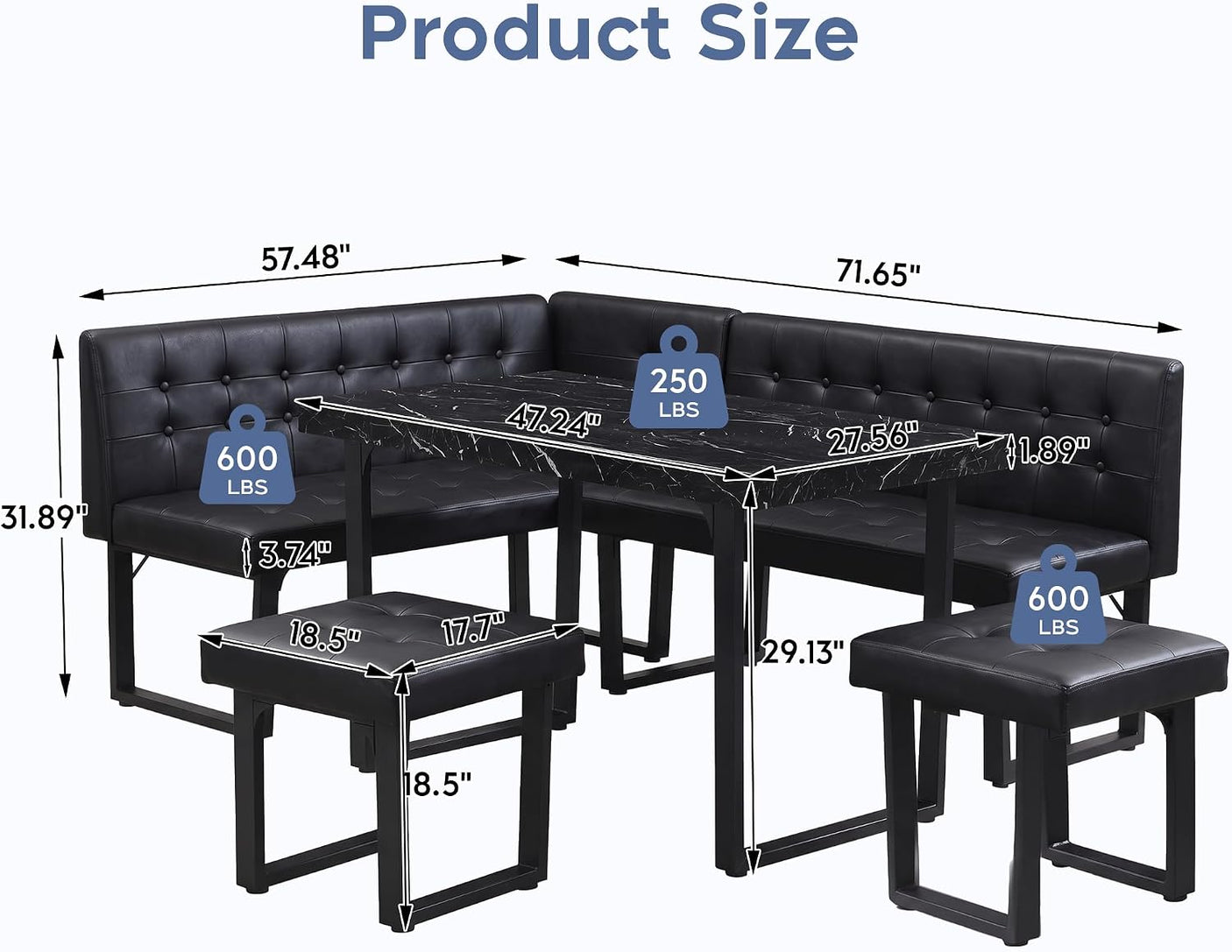 72" Corner Breakfast Nook Set | 5-Piece Dining Set with Storage Bench | Modern Black