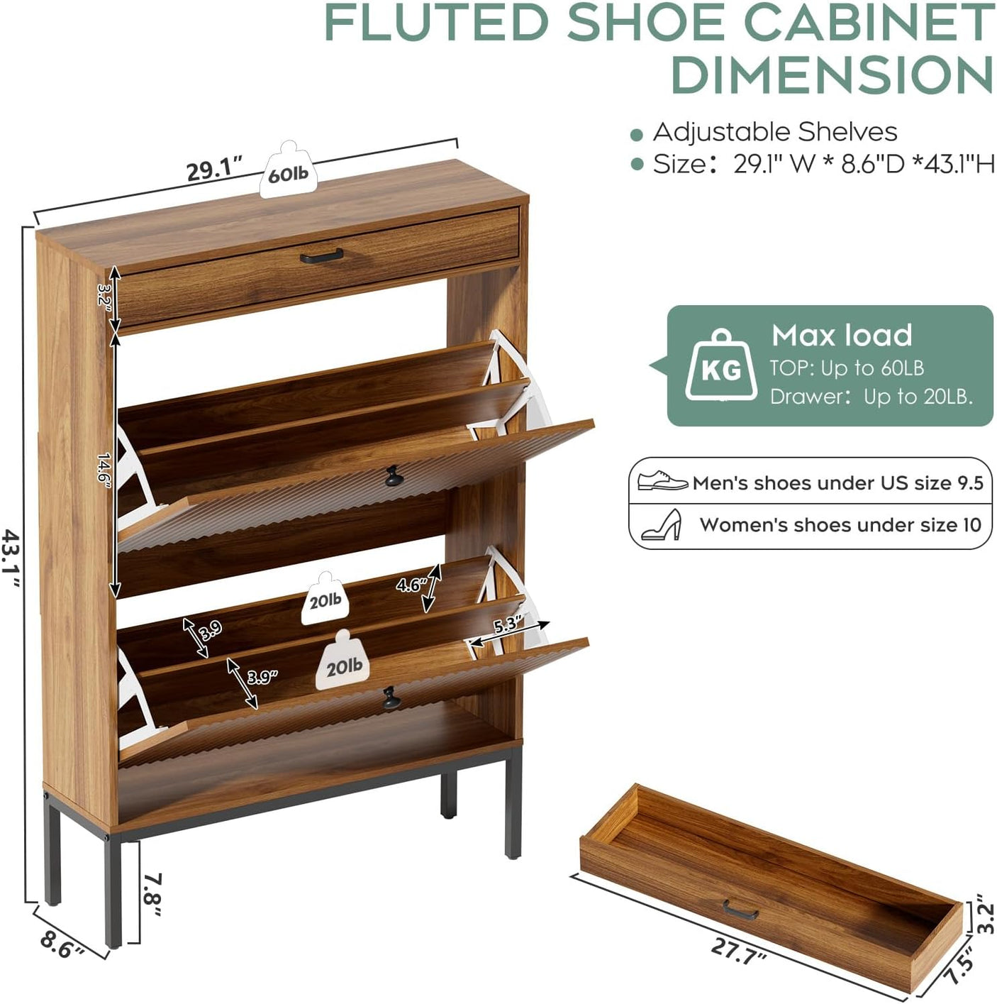 Yechen Shoe Cabinet with Flip Doors, 2 Flip Drawers + Top Drawer, Slim Entryway Organizer for Hallway & Living Room, Walnut