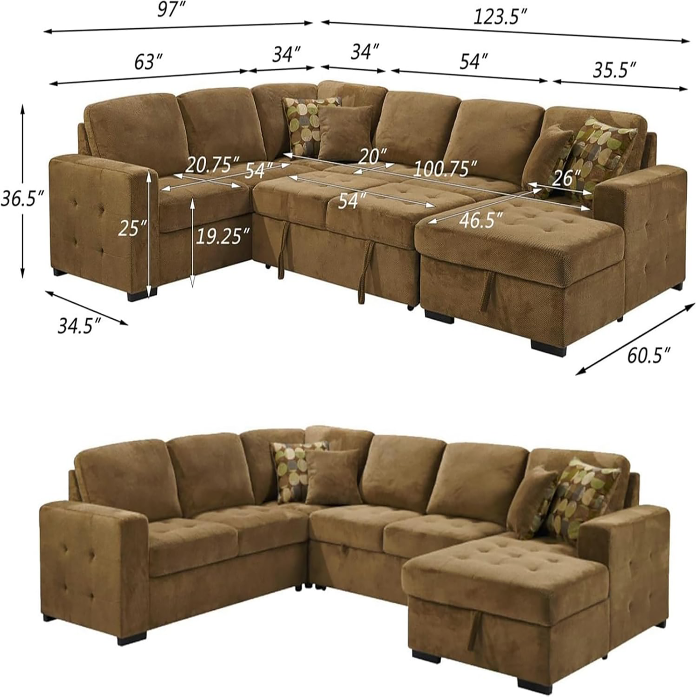 Yechen 123" U-Shaped Sectional Sleeper Sofa with Pull-Out Bed & Storage Chaise, 6-Seater