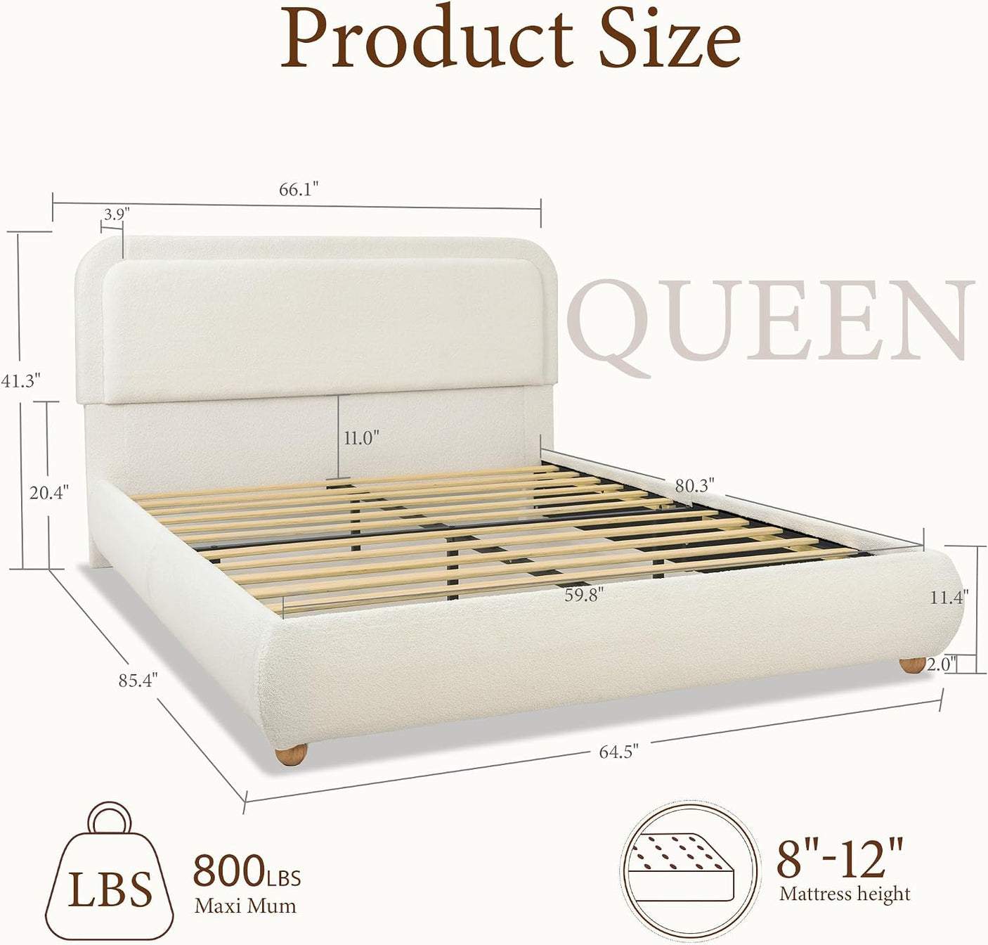 Upholstered Boucle Platform Bed Frame, No Box Spring, 800 lb Capacity – Full & Queen