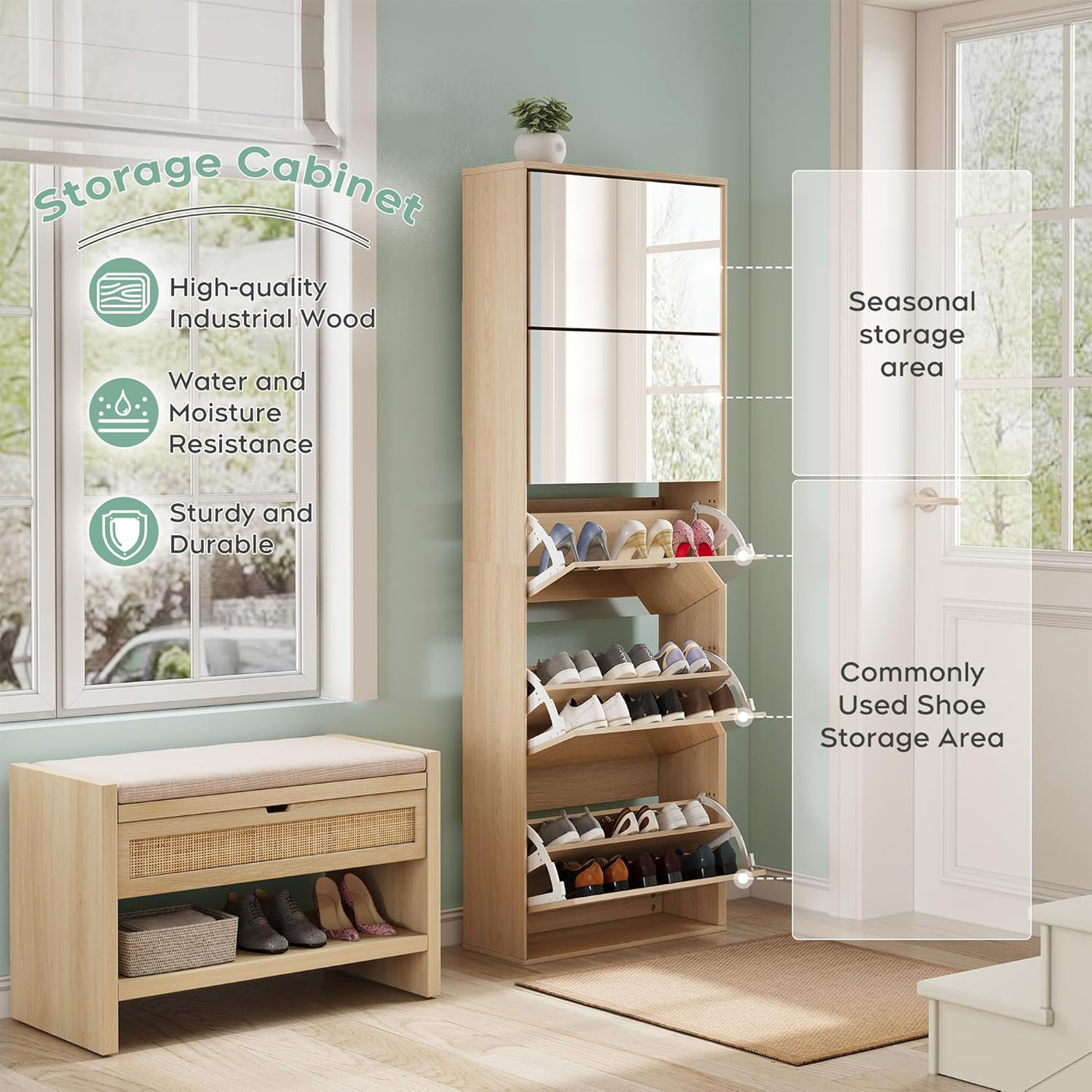 Yechen Mirror Shoe Cabinet with 5 Flip Drawers | Entryway Shoe Rack Storage Organizer for Front Door, Foyer & Hallway