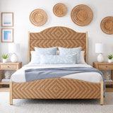 Yechen Rattan Bed Frame | Boho Tall Headboard with Solid Wood Legs