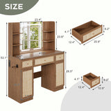 Yechen 43" Boho Makeup Vanity Desk with Sliding LED Mirror & Built-in Power Strip, Modern Rattan Dressing Table Set with Cushioned Stool for Bedroom