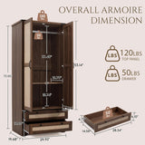 Yechen Walnut Wooden Wardrobe Closet with Rattan Doors, Drawers & Shelves | Farmhouse Armoire for Bedroom