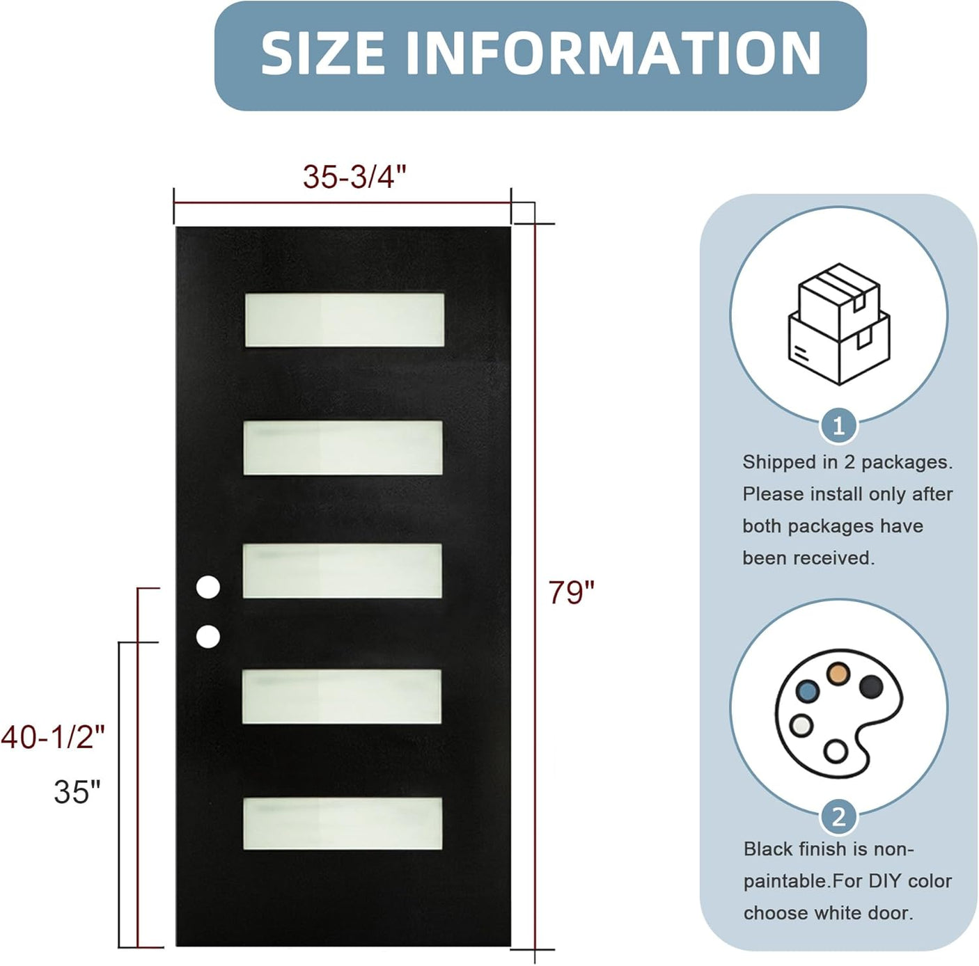YECHEN 36" x 80" Fiberglass Pre-Hung Front Door, Contemporary Black Entry Door with Frosted Privacy Glass (Left/Right Hand Inswing)