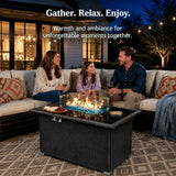 44" Propane Fire Pit Table, 50,000 BTU Outdoor Wicker Gas Fire Table with Glass Wind Guard & Auto Ignition, ETL Certified, Light Brown