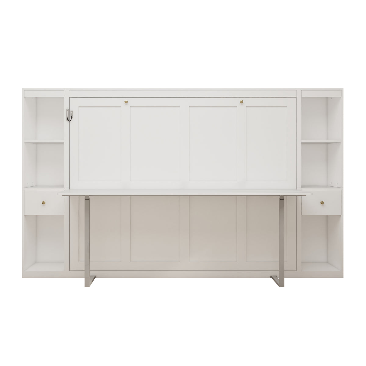 Queen Horizontal Murphy Bed with Desk & Storage – White