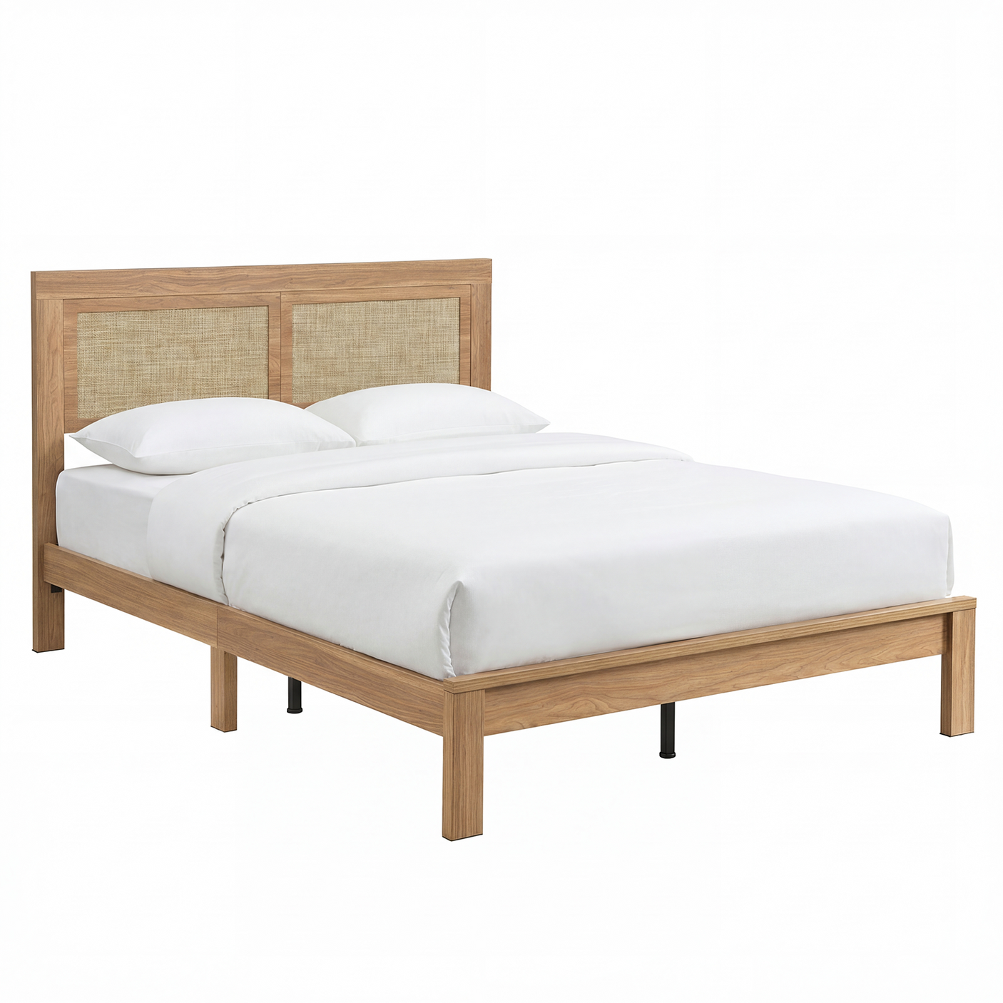 Rattan Boho Bed Frame with Headboard | Full Queen King | Natural Walnut Platform Bed