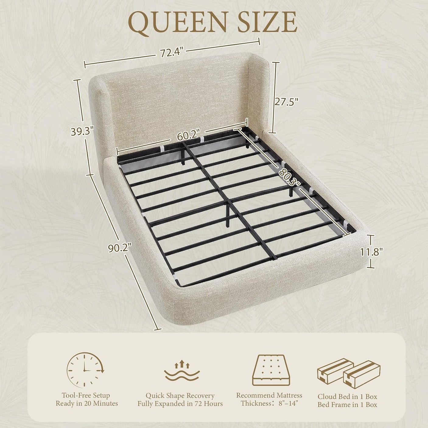 YECHEN Cloud Bed Frame - Modern Water-Resistant Bouclé Upholstered Platform Bed, Tool-Free Assembly, No Box Spring Needed