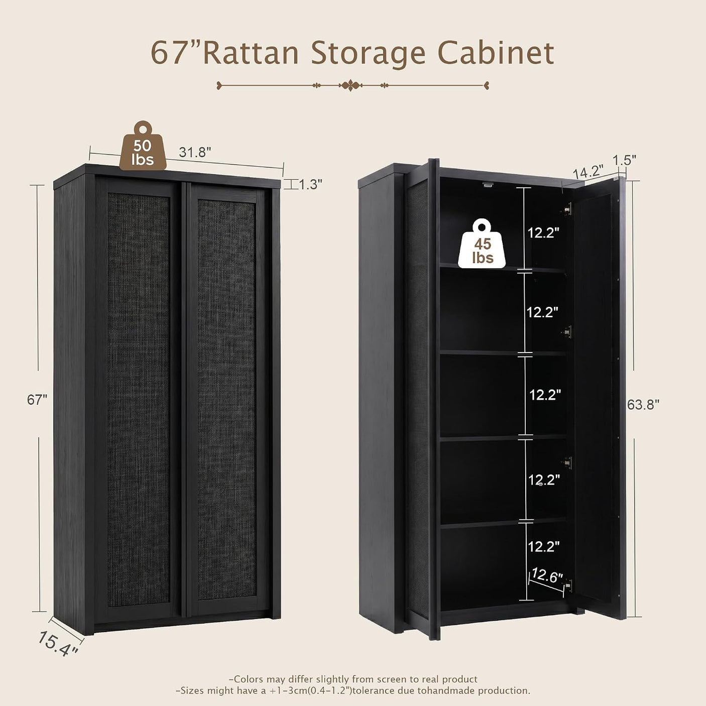 Yechen 67" Tall Rattan Kitchen Pantry Cabinet – Solid Wood Handle, Soft-Close Hinges, Adjustable Shelves, Dark Black