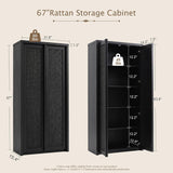 Yechen 67" Tall Rattan Kitchen Pantry Cabinet – Solid Wood Handle, Soft-Close Hinges, Adjustable Shelves, Dark Black