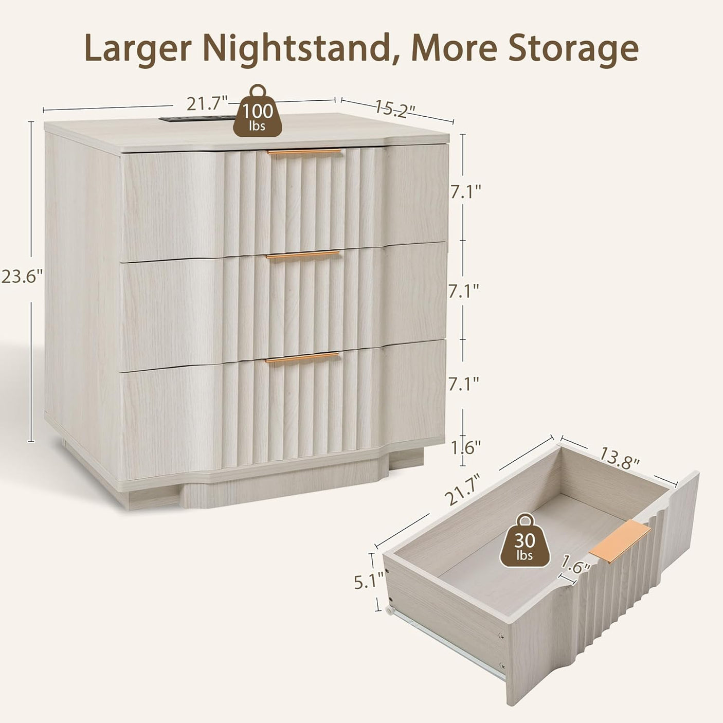 Fluted Nightstand with 20W Fast Charging, 3-Drawer Wood Bedside Table, Curved Profile Base, White Oak