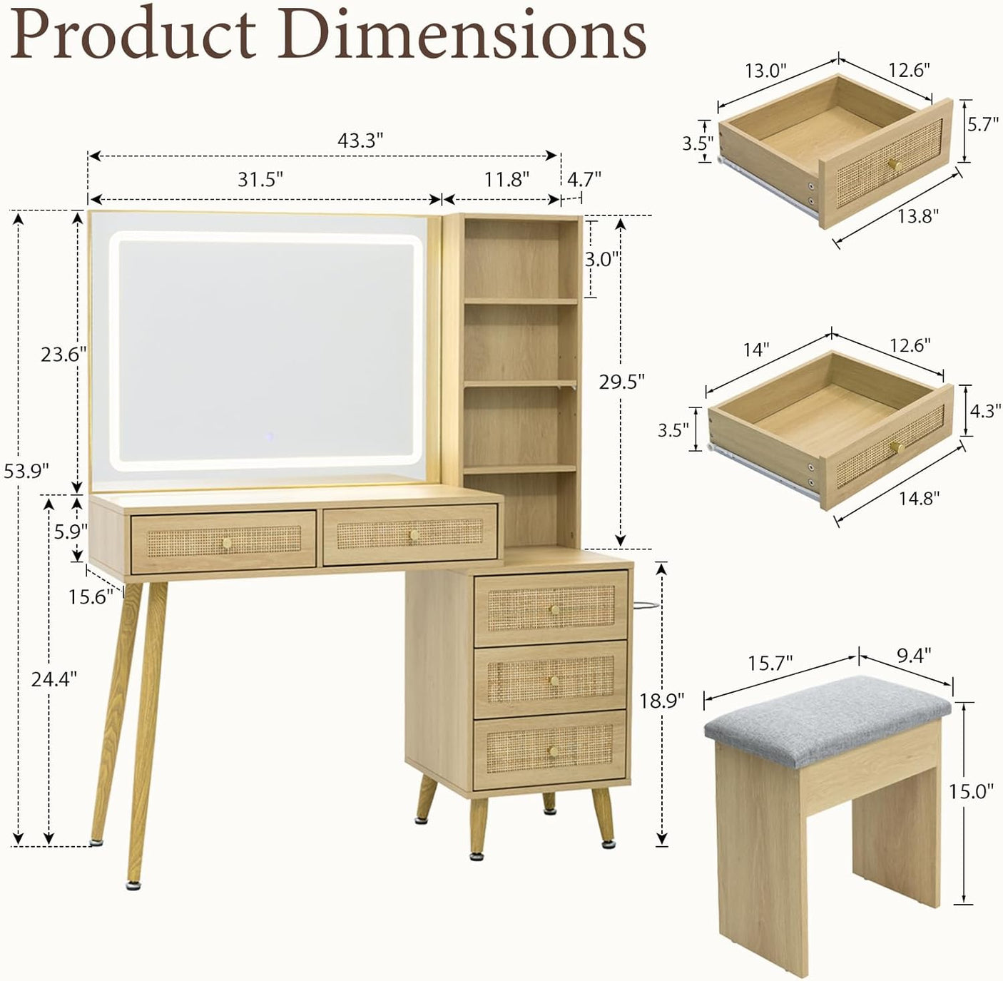 Rattan Makeup Vanity Set with Lighted Mirror & Stool | 43.3" | 5 Drawers | Charging Station | Natural Wood or Mint