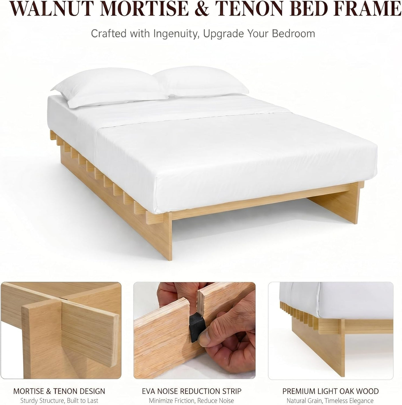 Yechen Solid Oak Platform Bed Frame | Dovetail Joinery, Wooden Slats, No Box Spring Needed