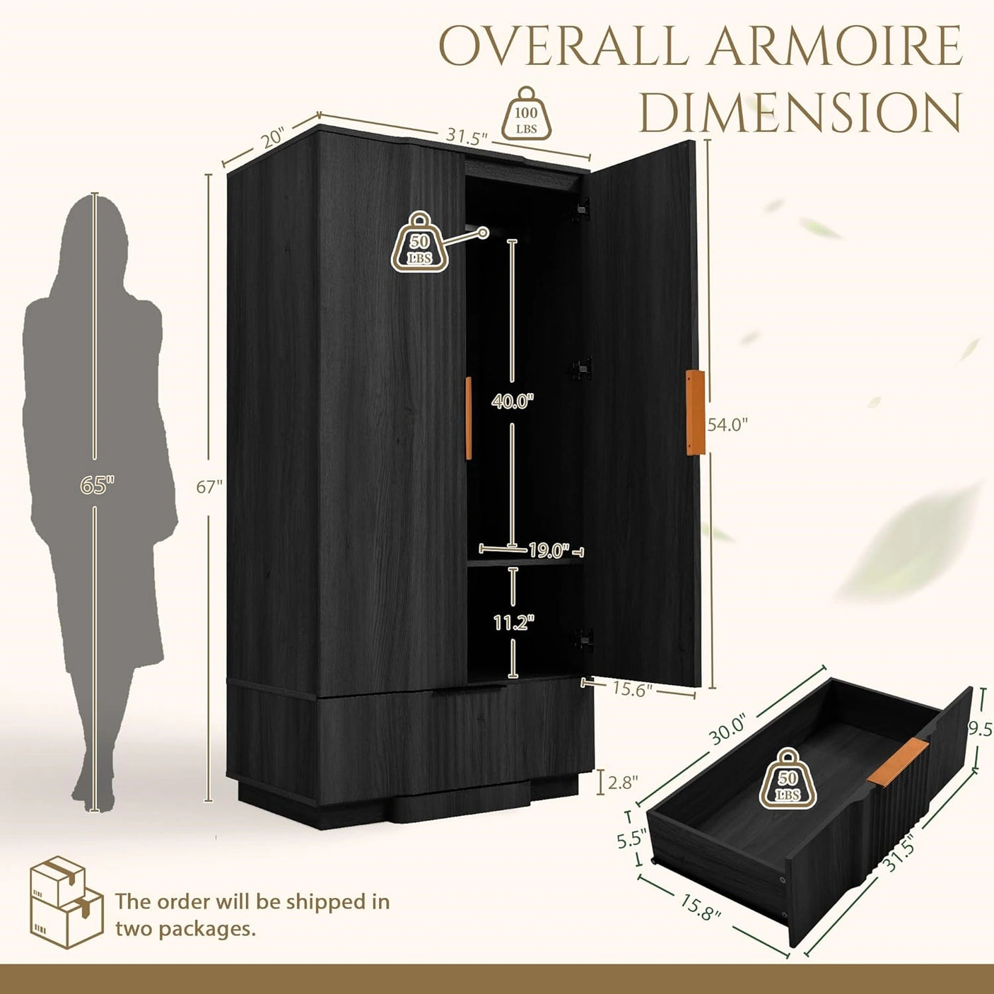 Yechen 67" Fluted Black Armoire Wardrobe with Doors & Drawer - Modern Wood Closet Cabinet