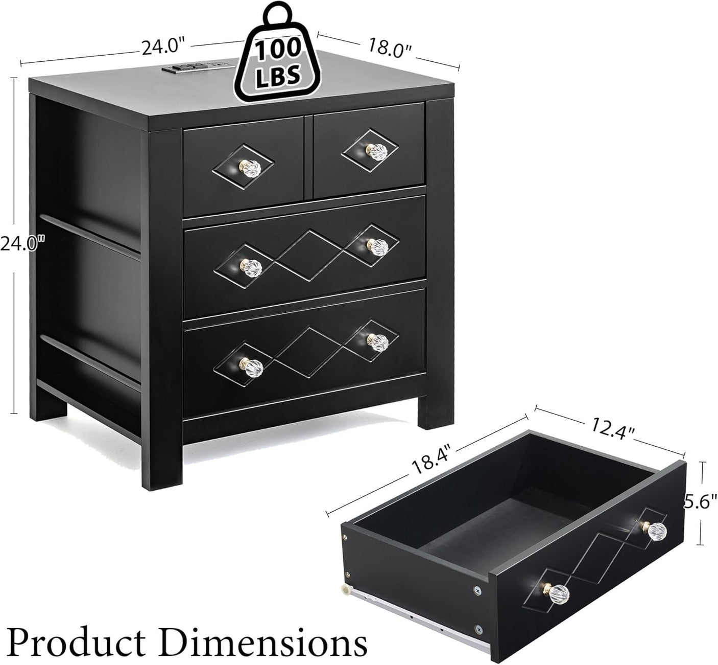 Yechen 3-Drawer Nightstand with USB-C & AC Outlets | Crystal Handles | White & Black