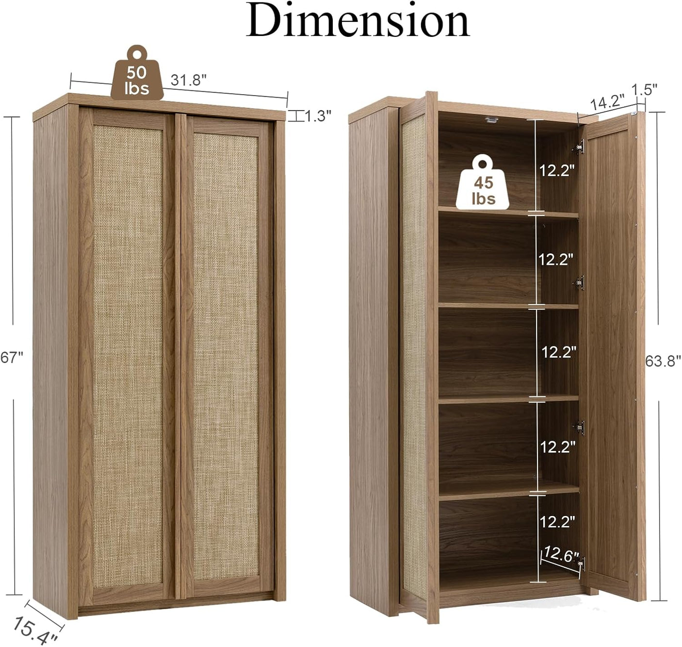 Yechen 67" Tall Rattan Pantry Cabinet with Adjustable Shelves, Dark Walnut/Natural Walnut