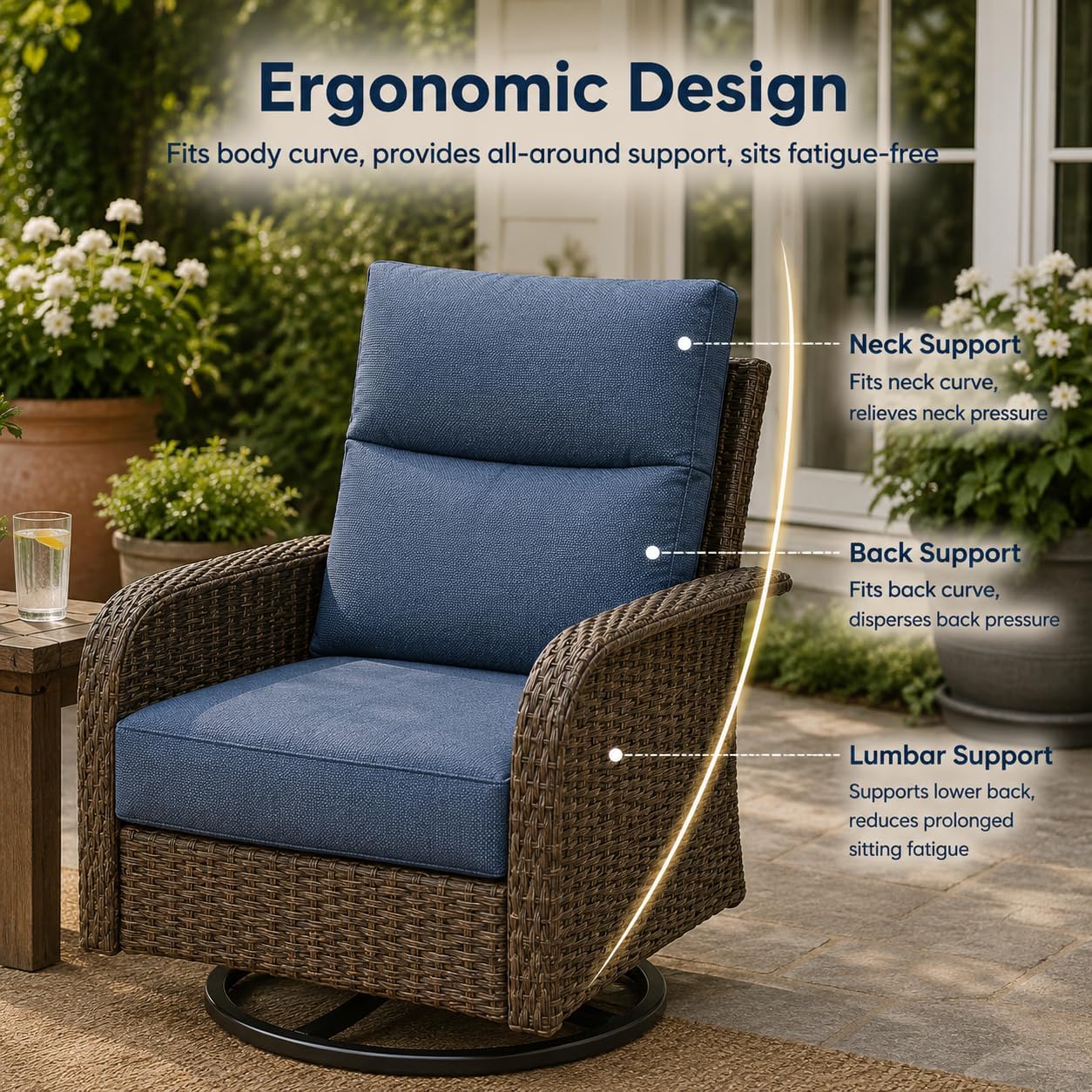 Outdoor Swivel Chair Set | PE Wicker Patio Conversation Set with Cushions | Blue