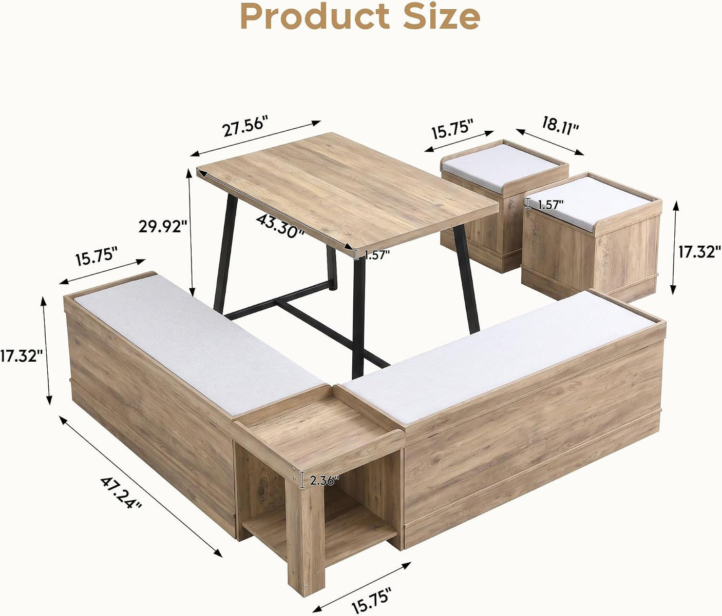 47 Inch Corner Dining Table Set with Storage Stool and Storage Bench